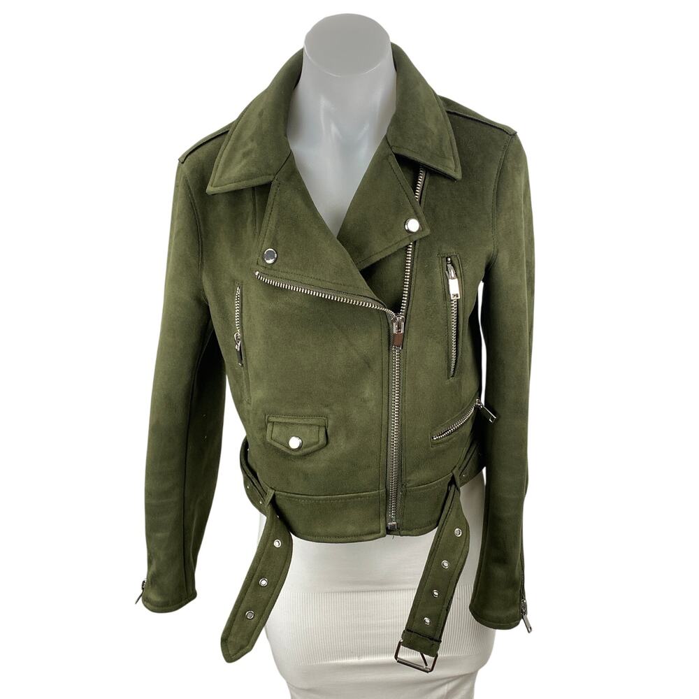 Zara Women's Green Faux Suede Belted Full Zip Crop Moto Biker Coat Jacket Size M